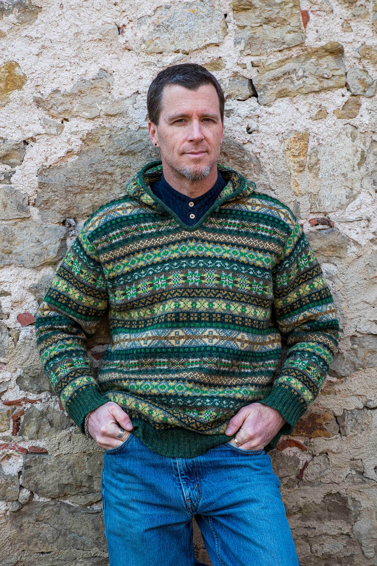 Jamieson s Unisex Hooded Pullover Green Fair Isle