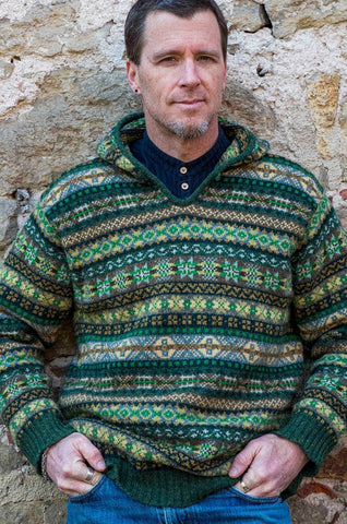 Jamieson's Unisex Hooded Pullover Green Fair Isle