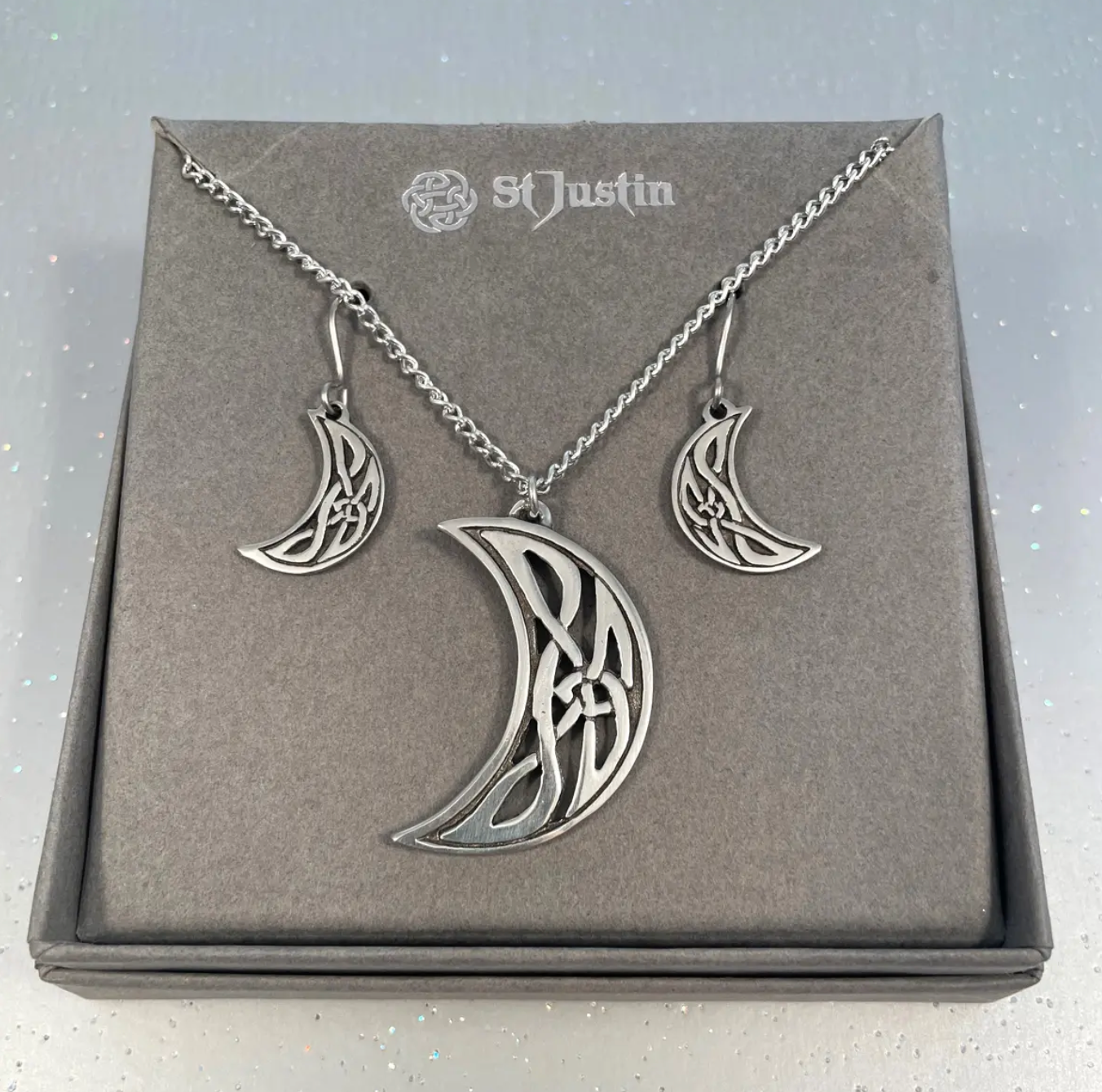 St. Justin PSET1056 -Celtic Moon drop Earrings & Necklace